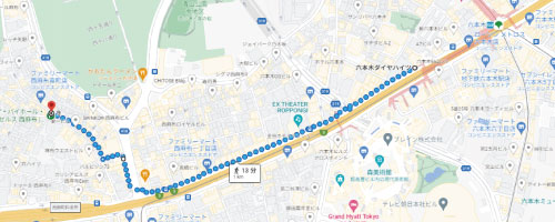 GoogleMap Walking route guide. Roppongi Station - 12 minutes walk from Exit 2
